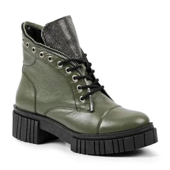 Bota Coturno Calprado Feminina Couro Salto Tratorado Casual Verde Militar Kader Woman