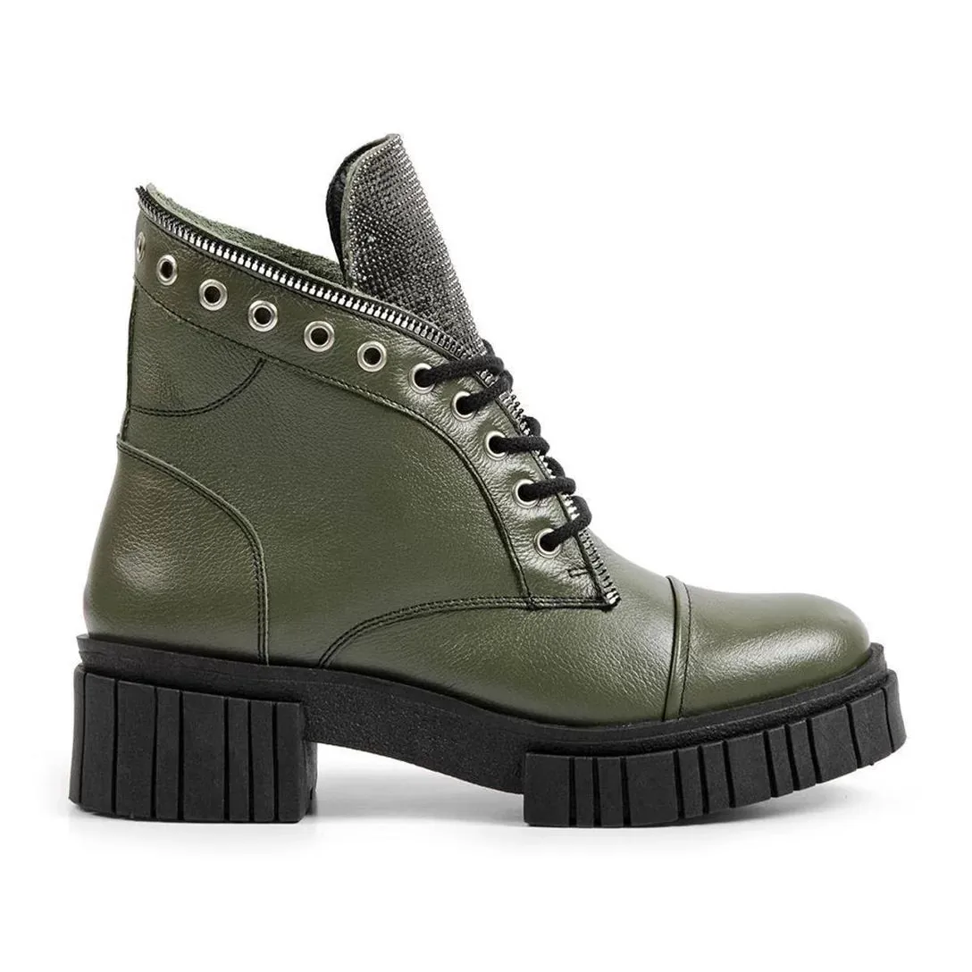 Bota Coturno Calprado Feminina Couro Salto Tratorado Casual Verde Militar Kader Woman