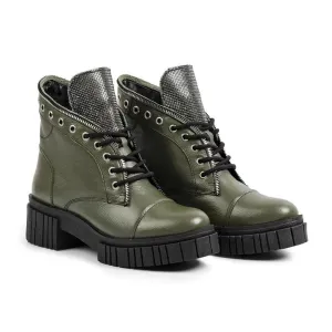 Bota Coturno Calprado Feminina Couro Salto Tratorado Casual Verde Militar Kader Woman