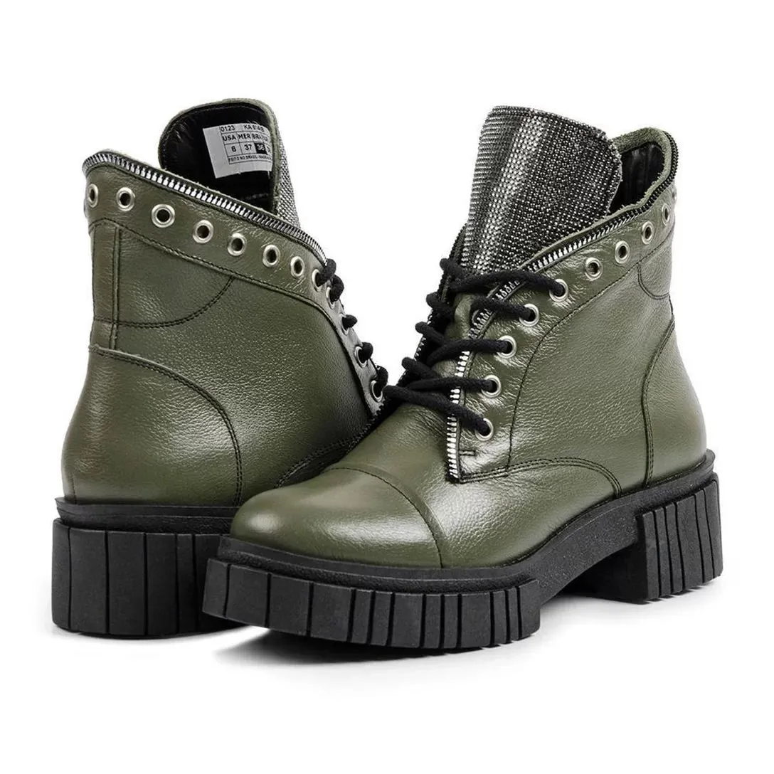 Bota Coturno Calprado Feminina Couro Salto Tratorado Casual Verde Militar Kader Woman