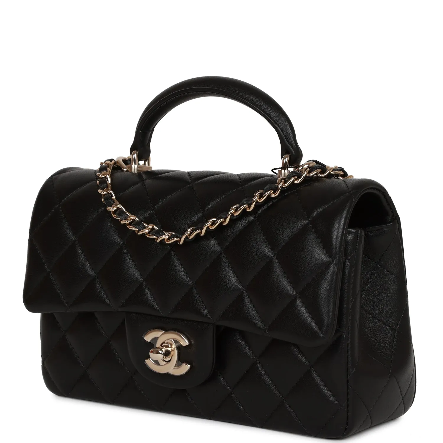 Chanel Mini Rectangular Flap Bag with Top Handle Black Lambskin Light Gold Hardware