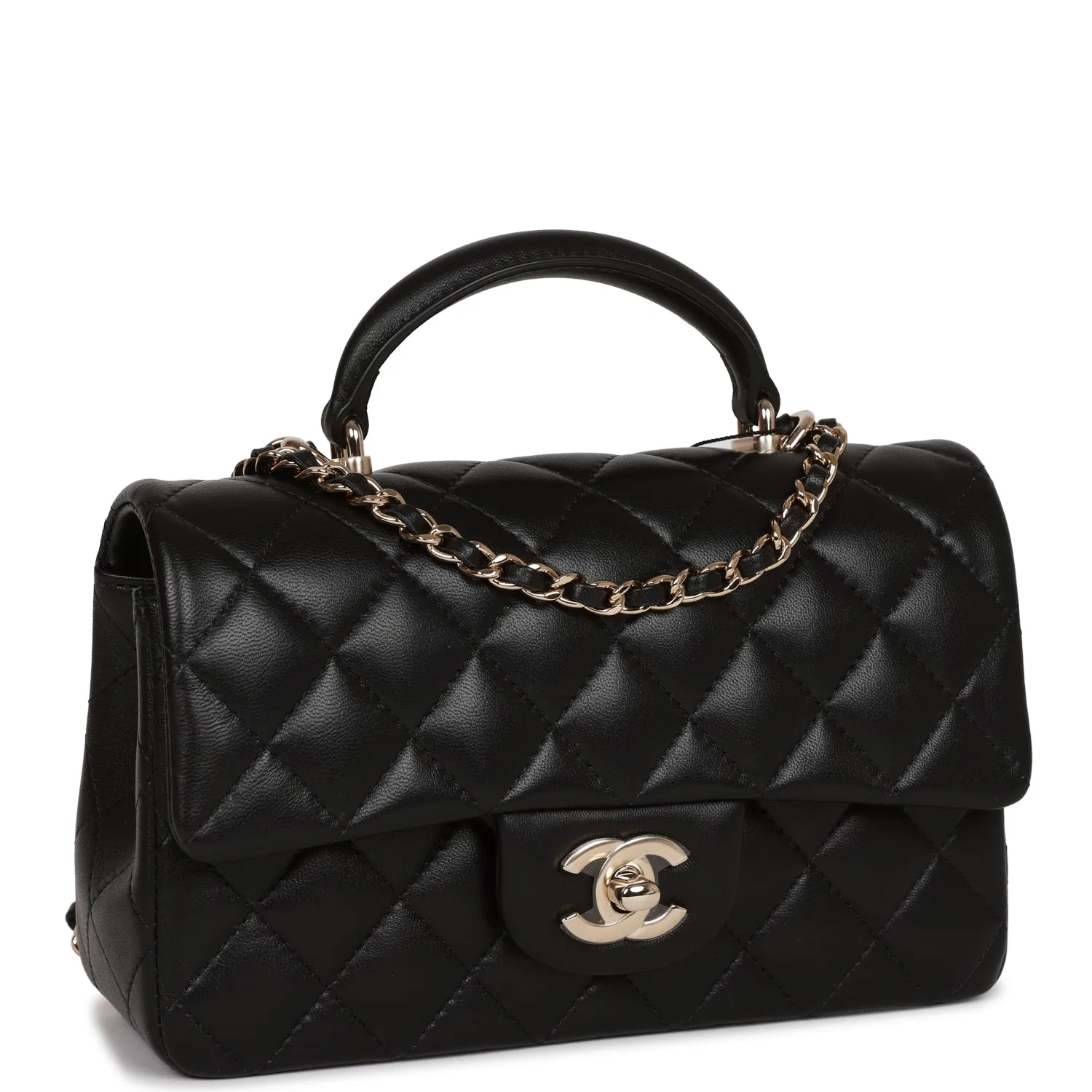 Chanel Mini Rectangular Flap Bag with Top Handle Black Lambskin Light Gold Hardware