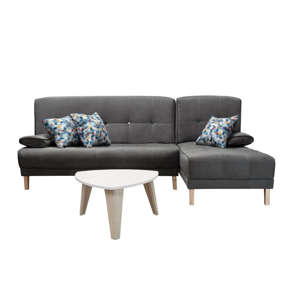 Combo Sofa en L Cama  Kei Tela Gris Oscuro   3 Cojines Decorativos   Mesa Centro Da Vinci