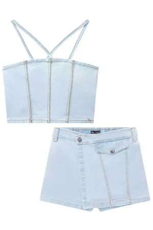 Conjunto de Top Cropped e Short Saia em Jeans Bellini com Elastano 75030 Vic&Vicky