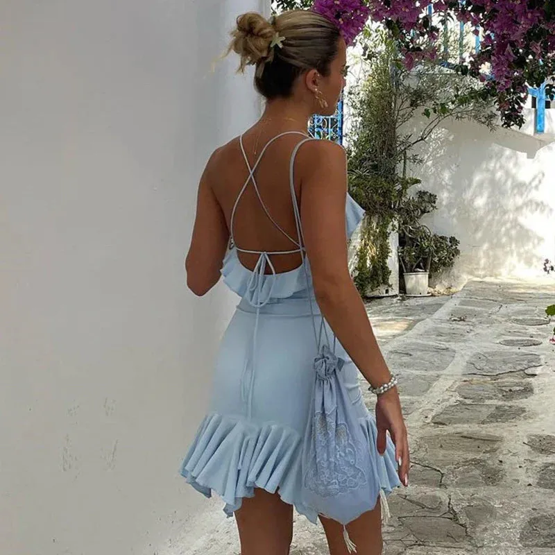 Elegant Sexy Backless Frill Hem Mini Dress