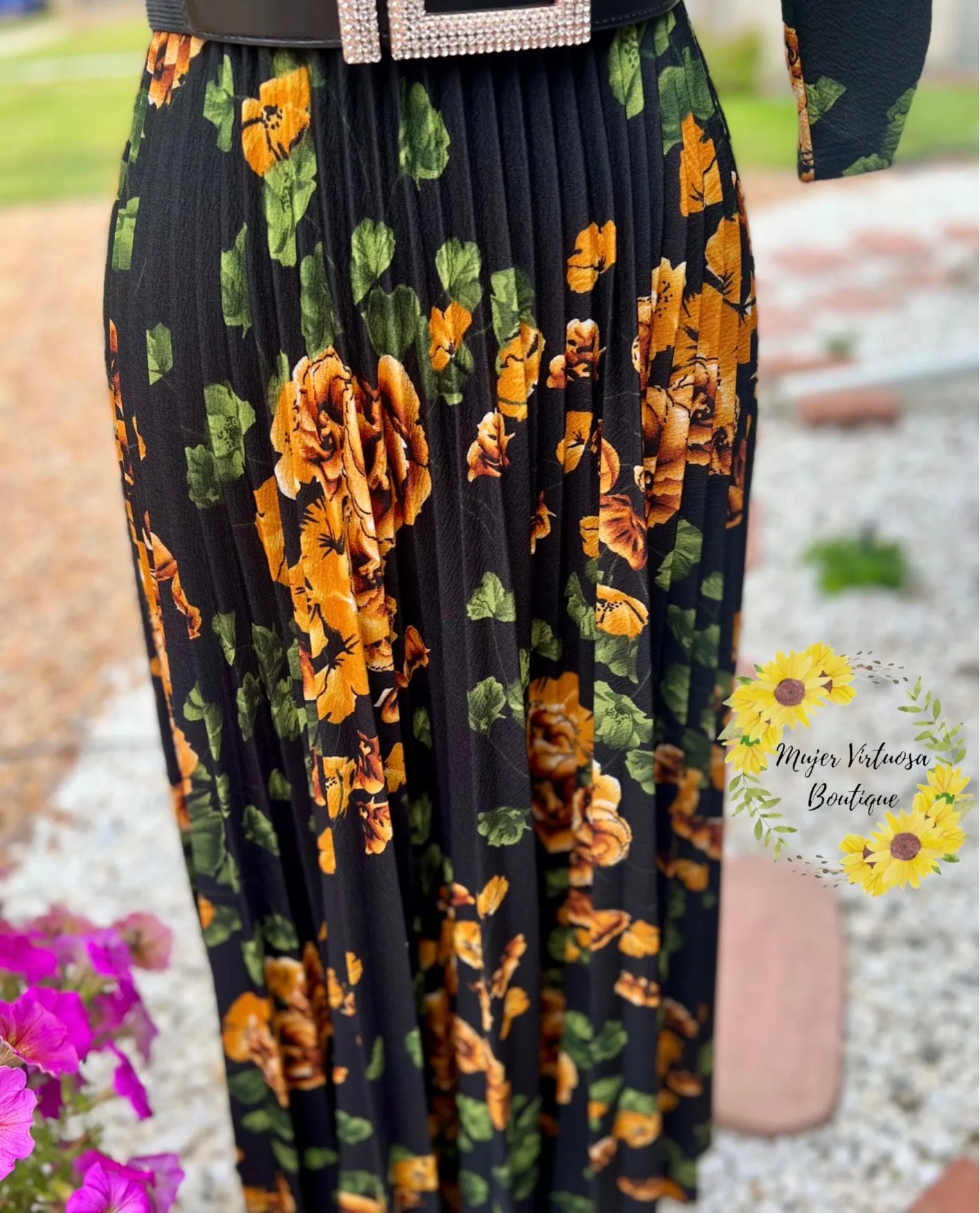 Eva Black Floral Pleated Dress