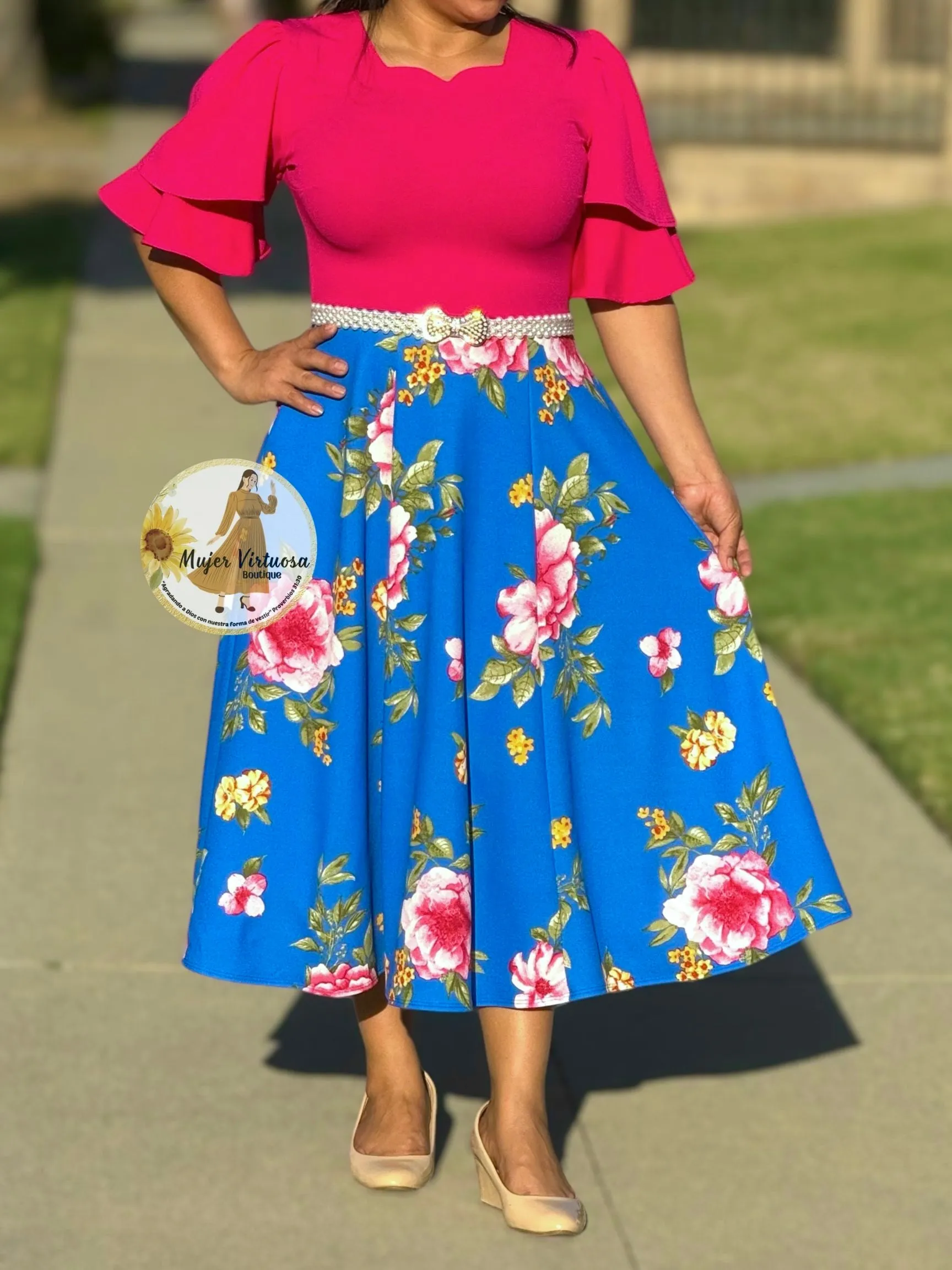 Fucsia & Royal Blue Floral Midi Dress