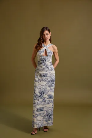 VESTIDO COMPRIDO PÉROLA COM PADRÃO AZUL