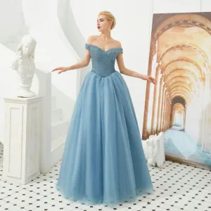 Dusty Blue Classic Luxury Evening Dress with Detailed Bodice - Special Edition